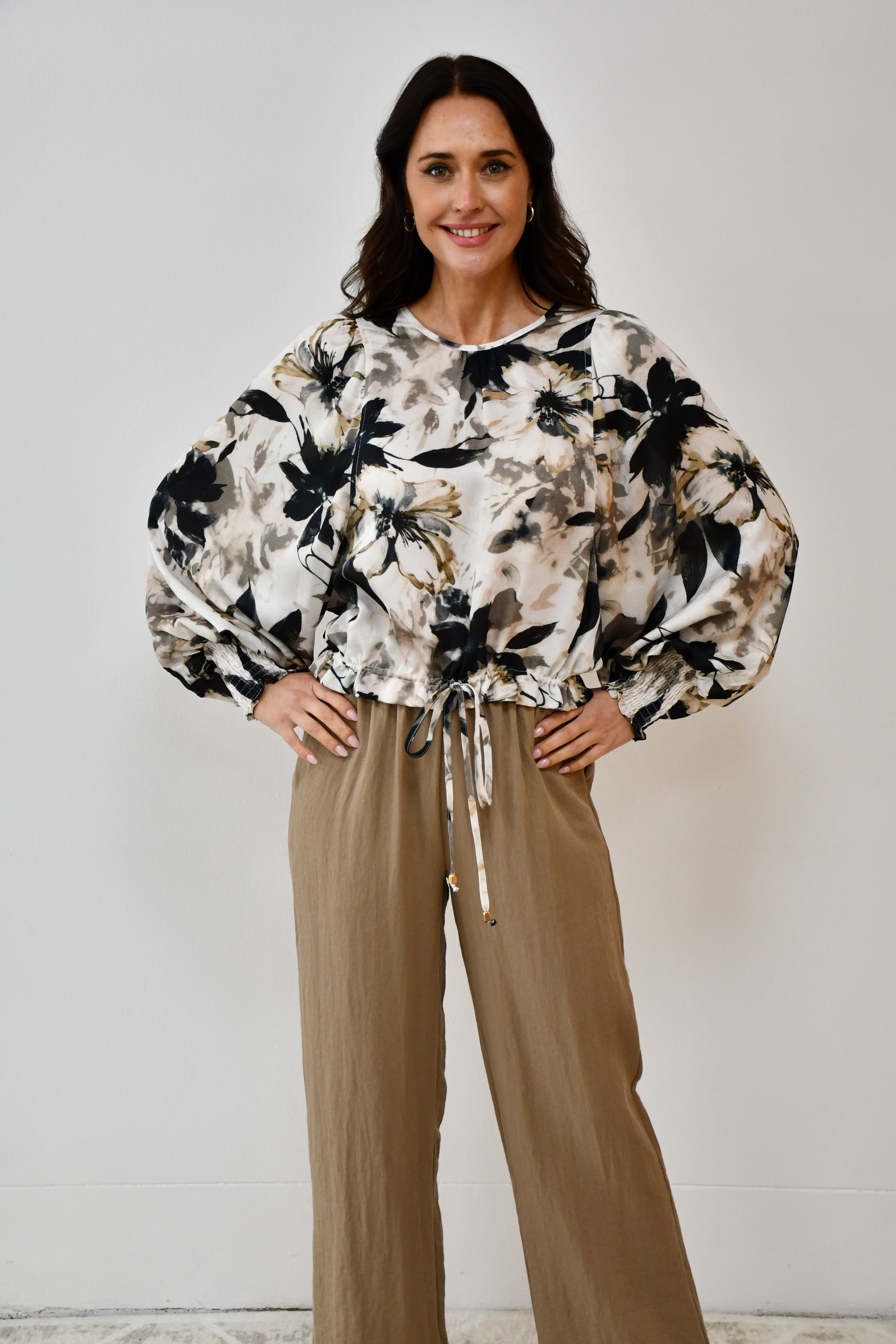 Floral Print Drawstring Blouse