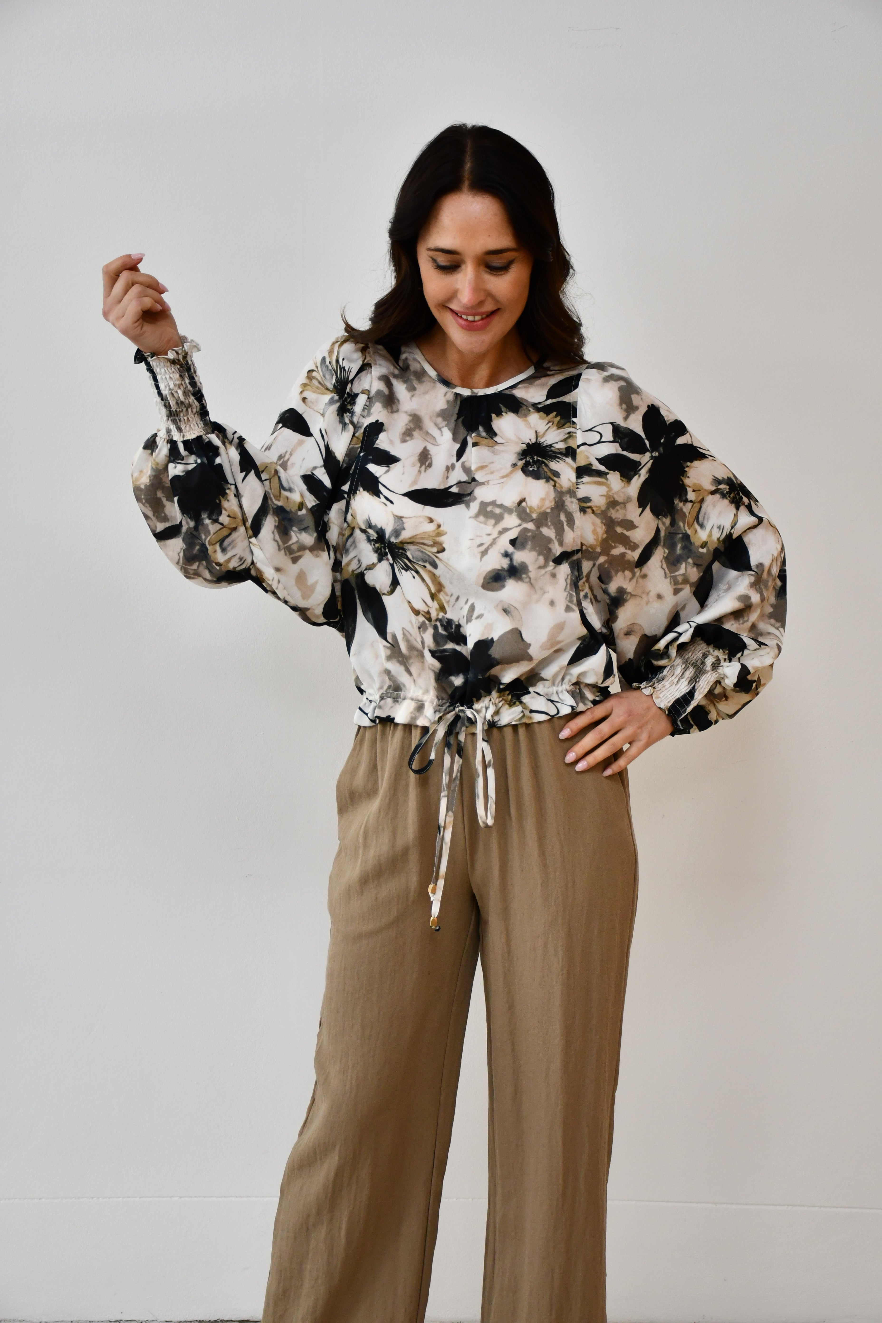 Floral Print Drawstring Blouse