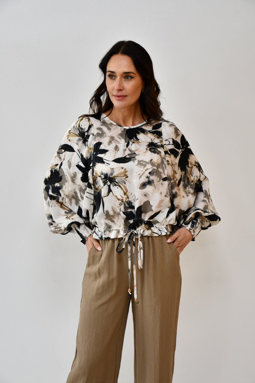 Floral Print Drawstring Blouse