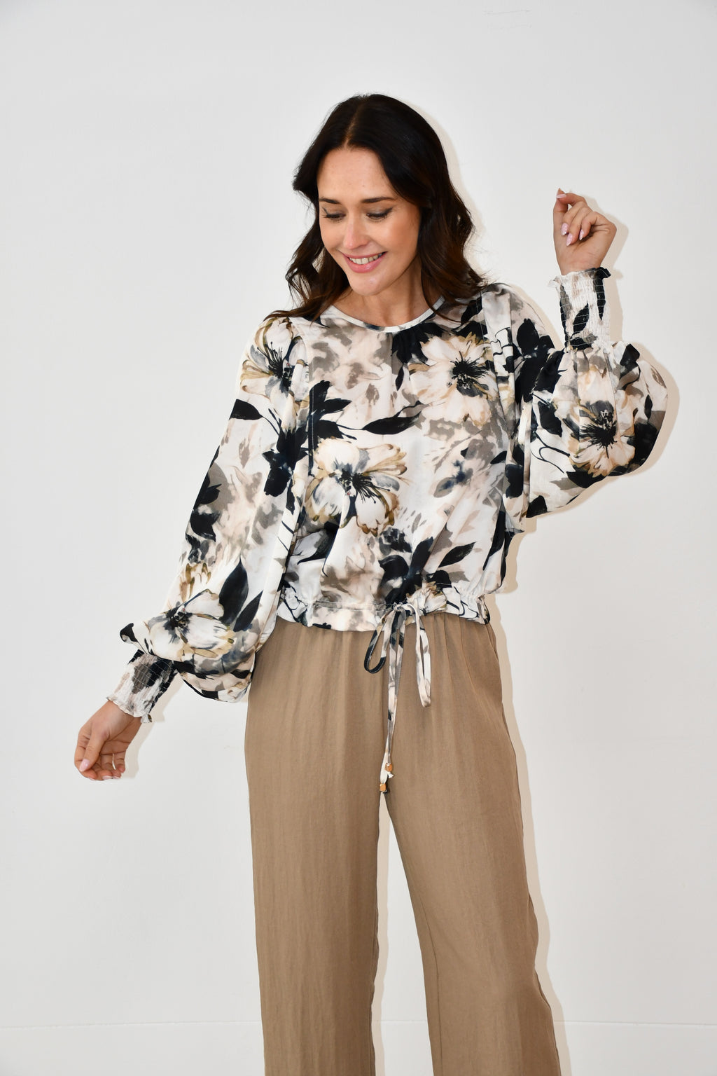 Floral Print Drawstring Blouse