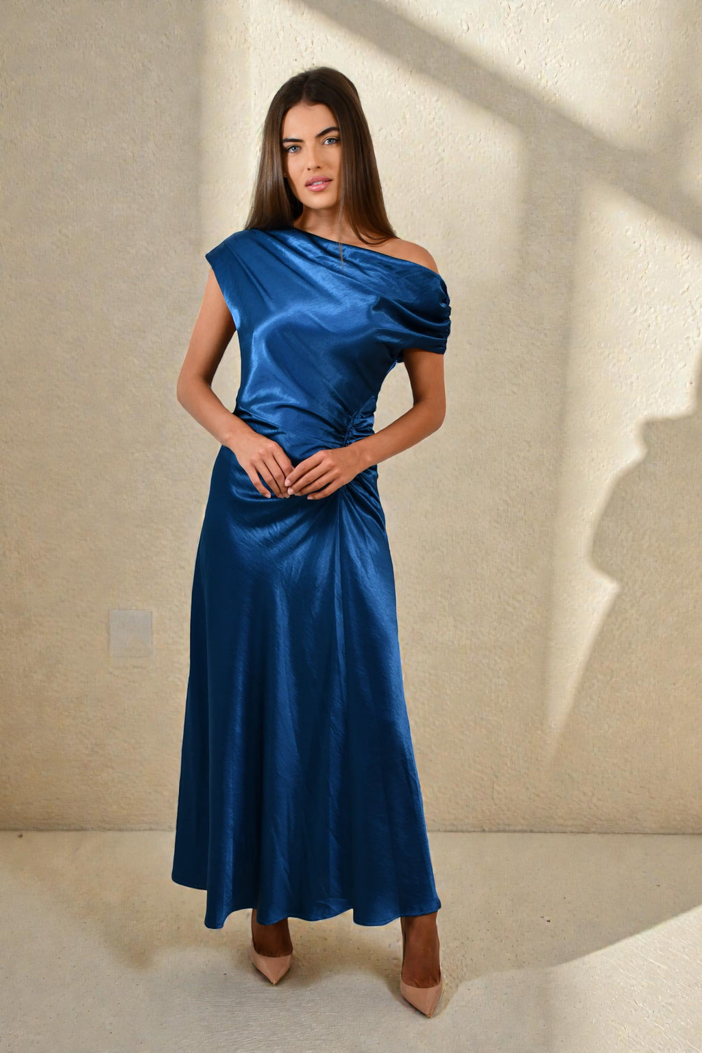 Satin One / Off  Shoulder Ruched Dress