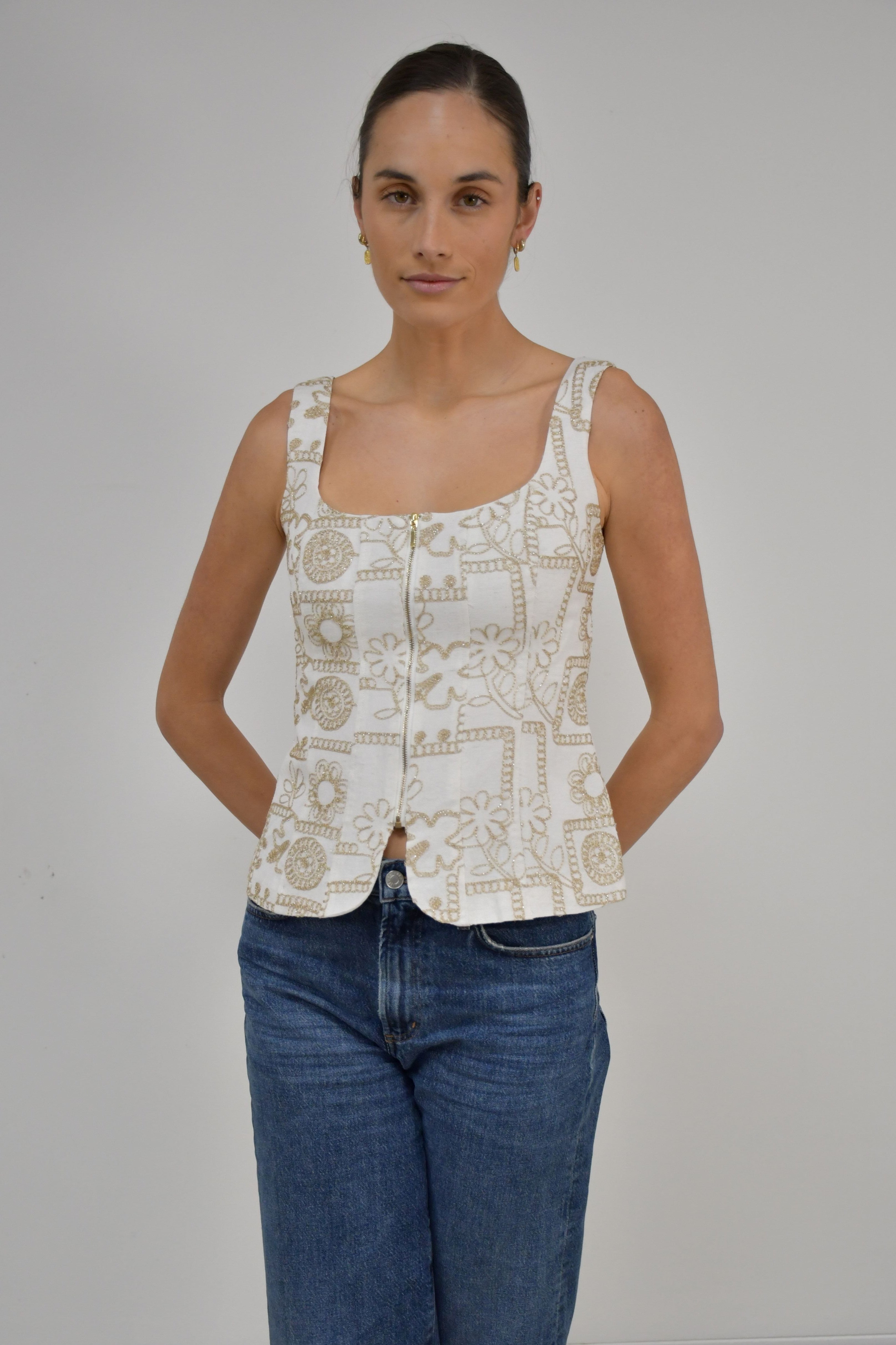 Gold Patterned Square Neck Zip Top