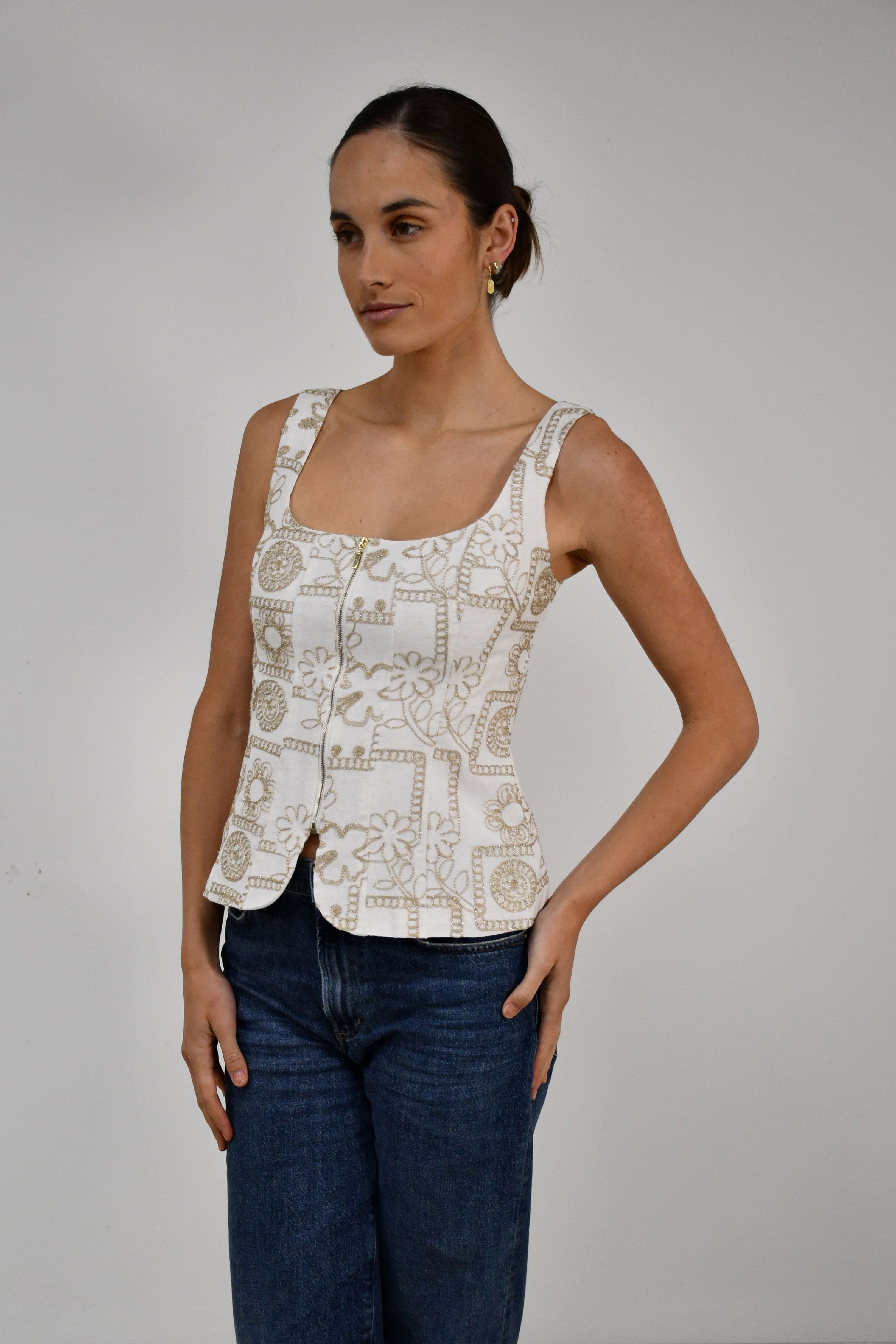 Gold Patterned Square Neck Zip Top