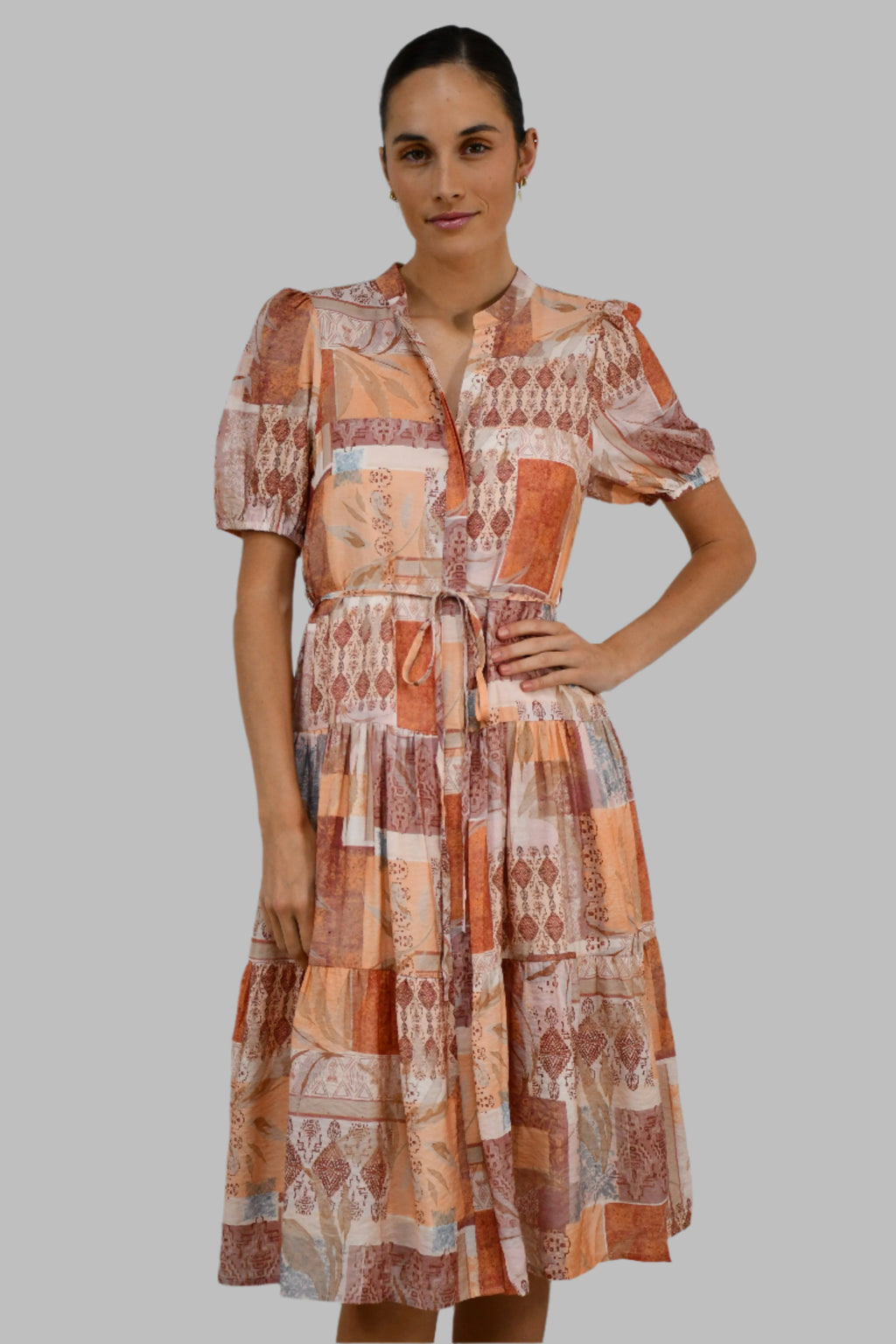 Patchwork Print Puff Sleeve Dress