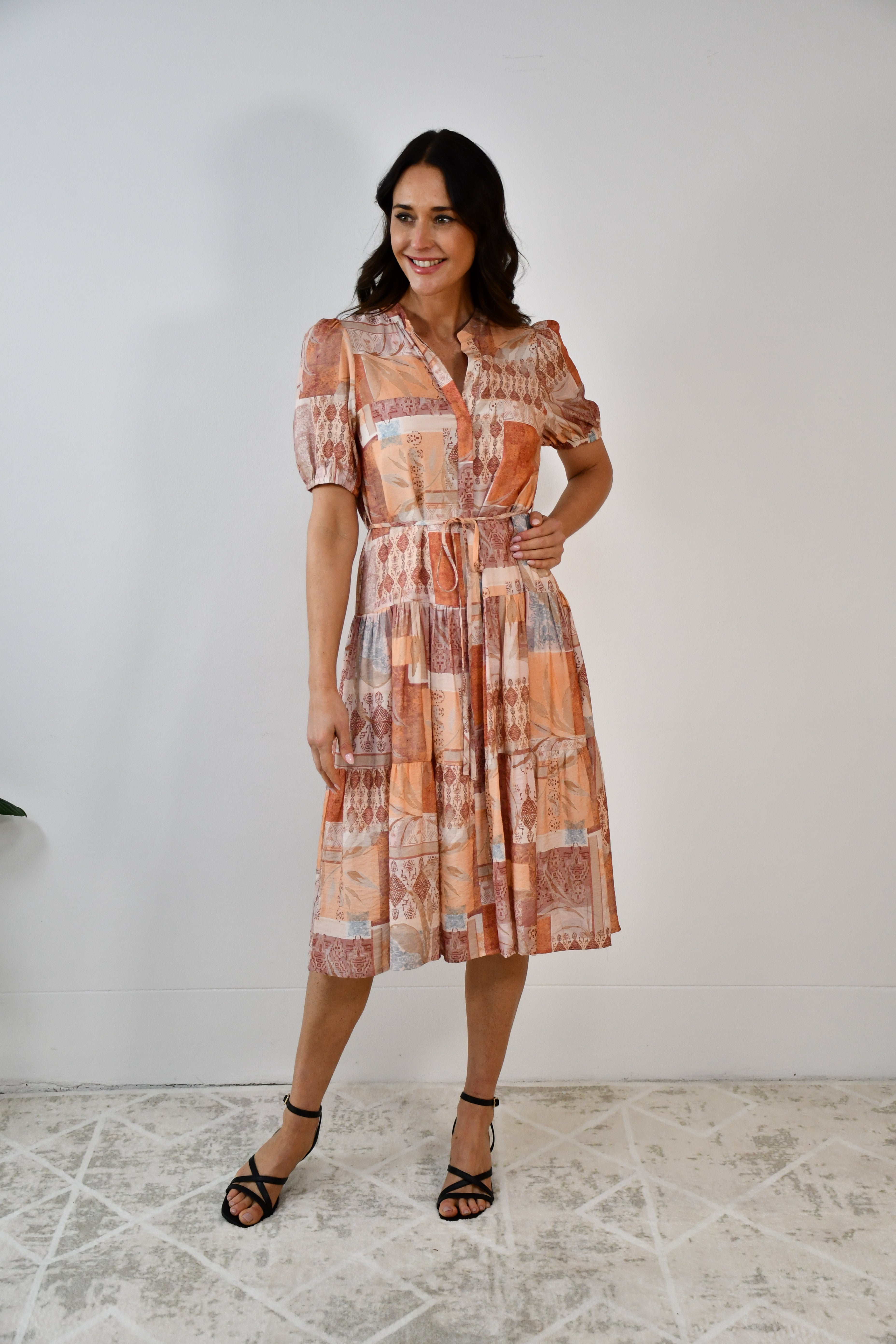 Patchwork Print Puff Sleeve Dress