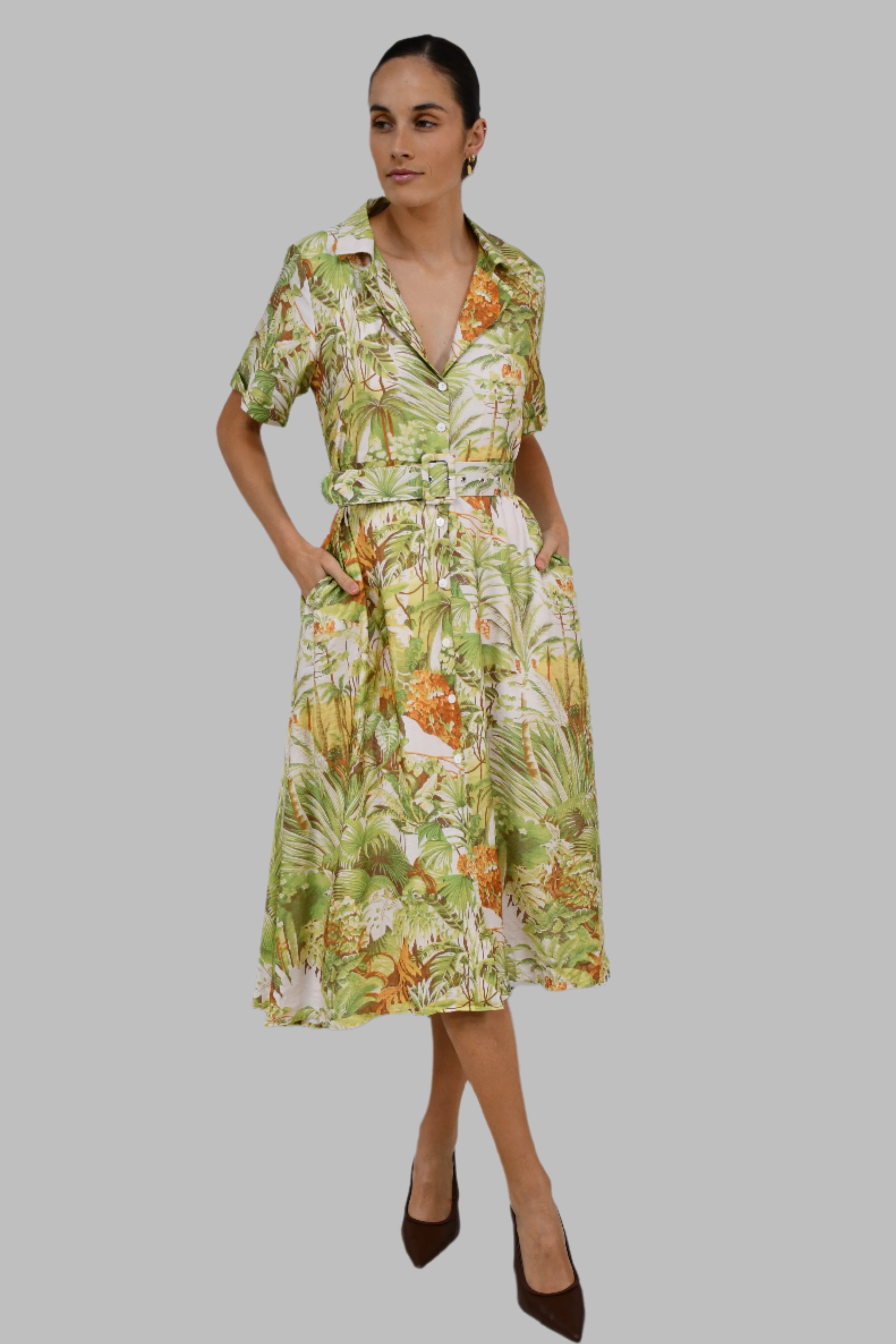 Tropical Print Belted Shirt Dress