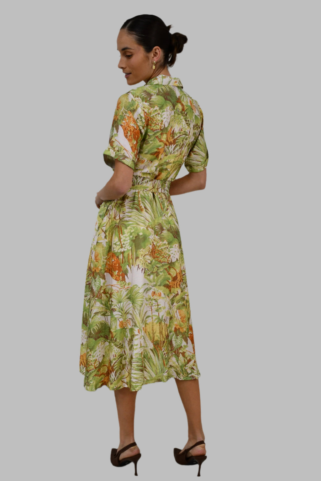 Tropical Print Belted Shirt Dress