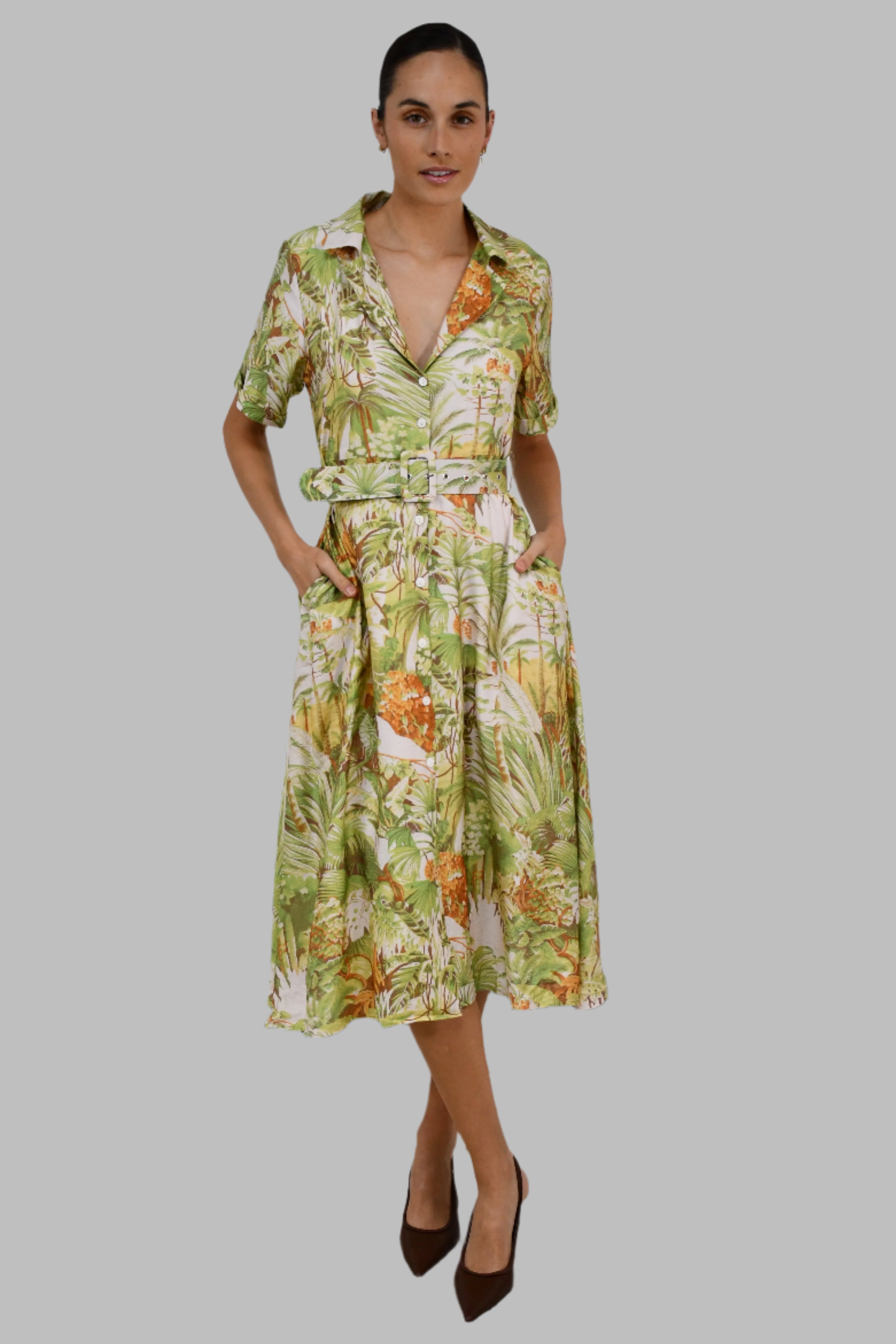 Tropical Print Belted Shirt Dress
