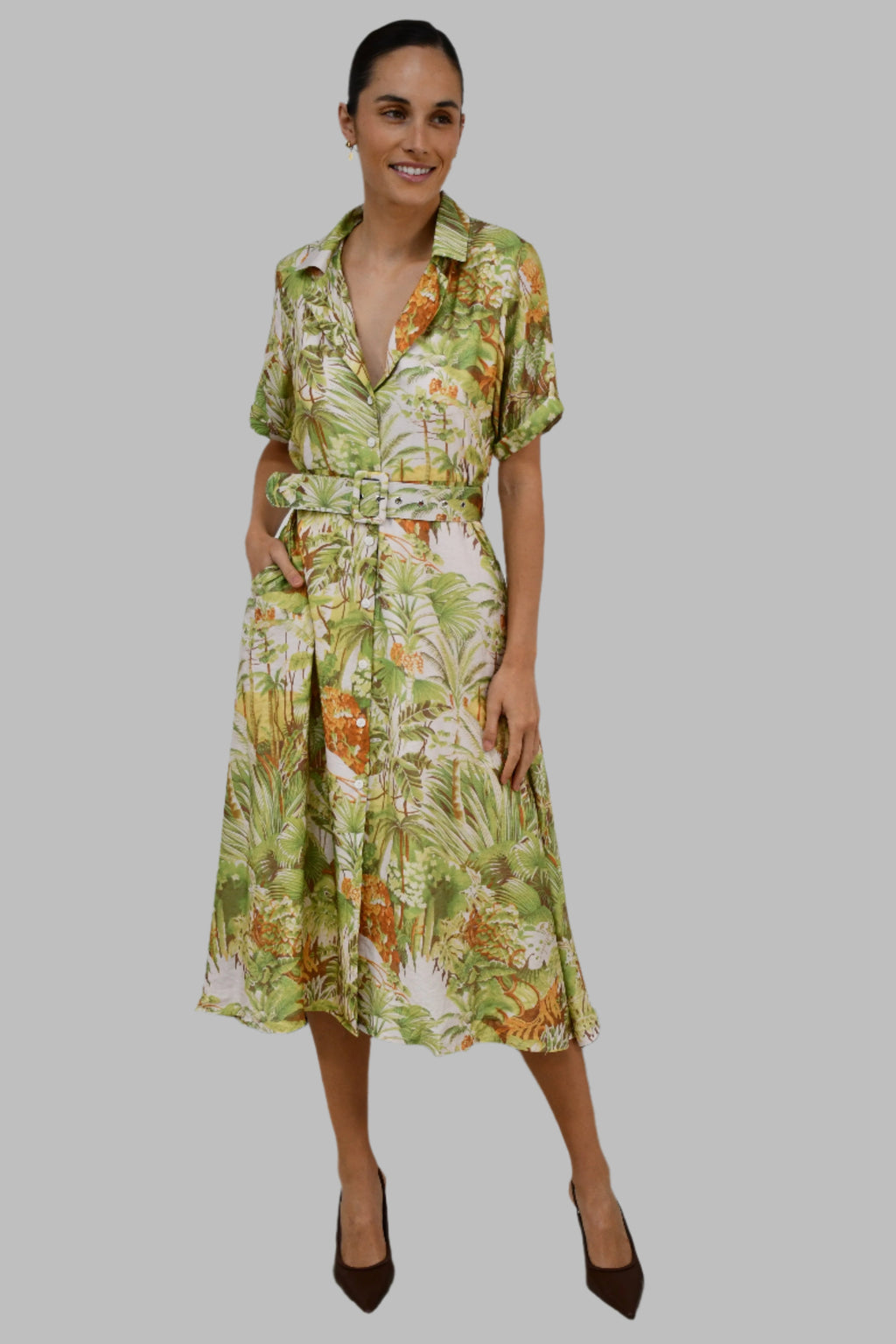 Tropical Print Belted Shirt Dress
