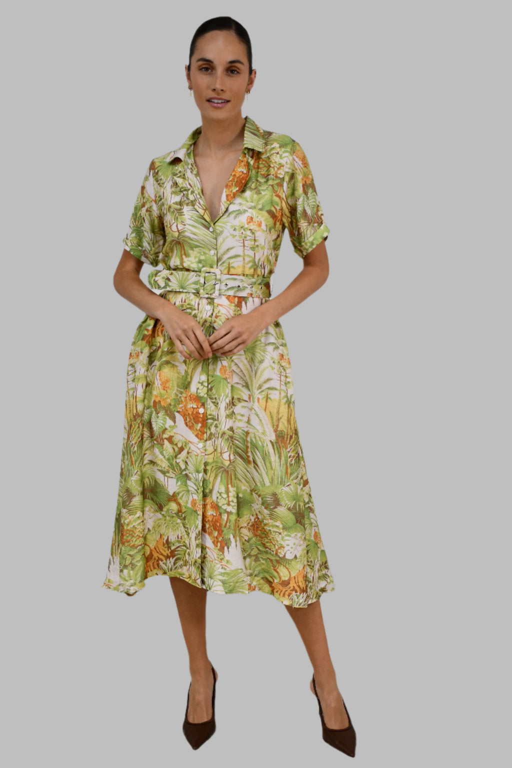 Tropical Print Belted Shirt Dress